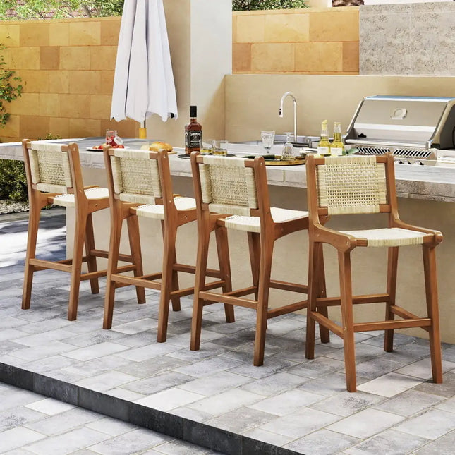 Outdoor Counter Height Bar Stool with Teak Wood Frame - Patio Dining Chairs
