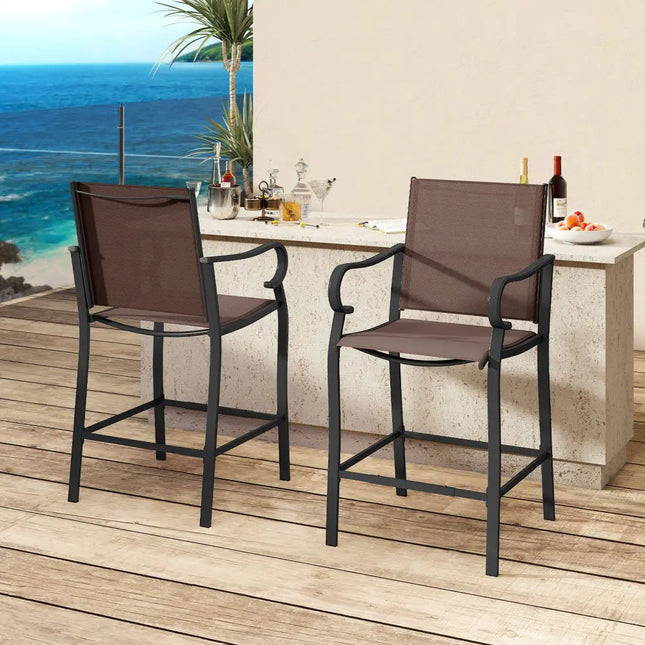 Outdoor Counter Height Bar Stools Set of 2 with Breathable Mesh Fabric - Brown - Patio Bar Furniture