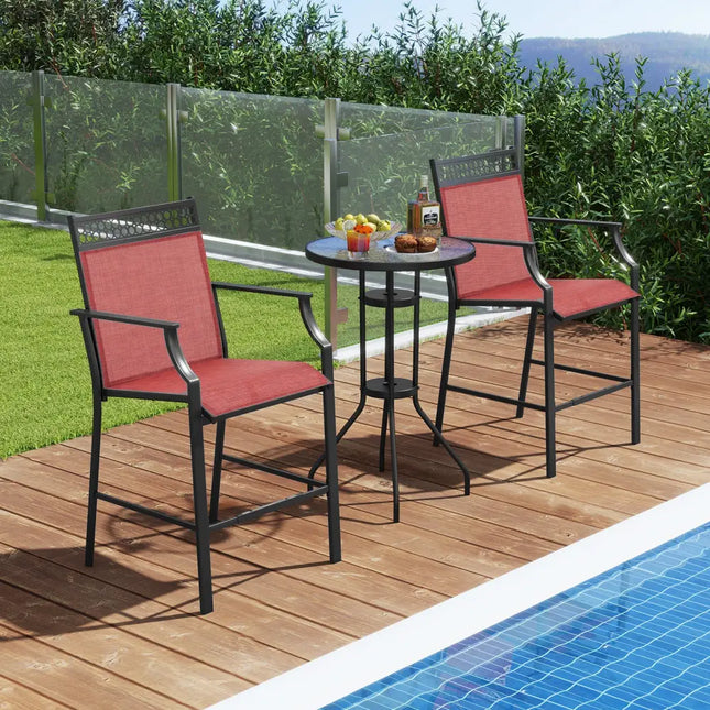 Outdoor Counter Stools Set of 2 Heavy-Duty Barstools with Footrest and Armrests-Red - Red - Patio Bar Furniture