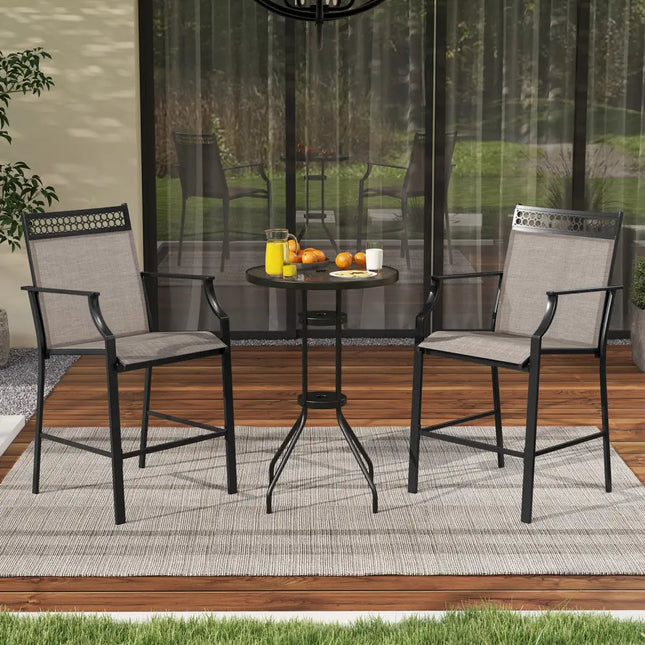 Outdoor Counter Stools Set of 2 Heavy-Duty Barstools with Footrest and Armrests-Coffee - Coffee - Patio Bar Furniture