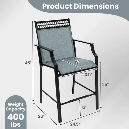 Outdoor Counter Stools Set of 2 Heavy-Duty Barstools with Footrest and Armrests-Blue - Blue - Patio Bar Furniture