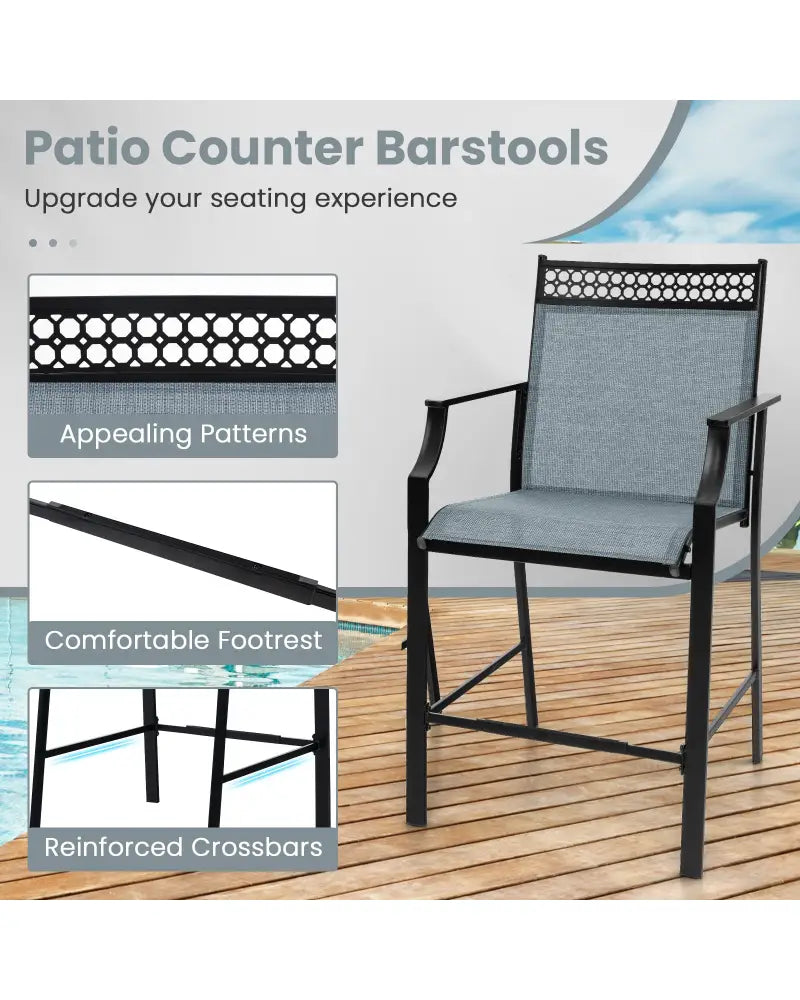 Outdoor Counter Stools Set of 2 Heavy-Duty Barstools with Footrest and Armrests-Blue - Blue - Patio Bar Furniture