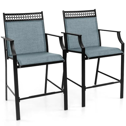 Outdoor Counter Stools Set of 2 Heavy-Duty Barstools with Footrest and Armrests-Blue - Blue - Patio Bar Furniture