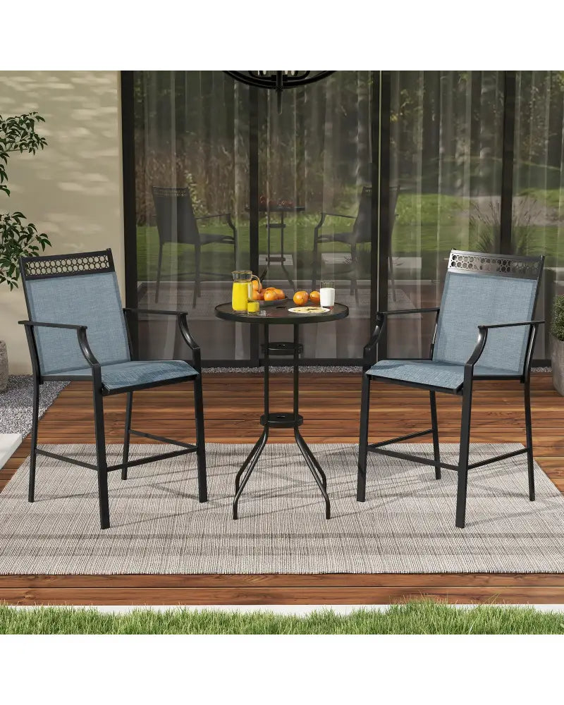 Outdoor Counter Stools Set of 2 Heavy-Duty Barstools with Footrest and Armrests-Blue - Blue - Patio Bar Furniture