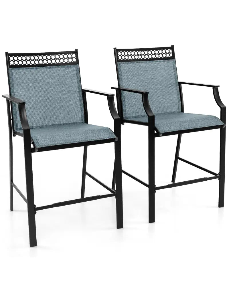 Outdoor Counter Stools Set of 2 Heavy-Duty Barstools with Footrest and Armrests-Blue - Blue - Patio Bar Furniture