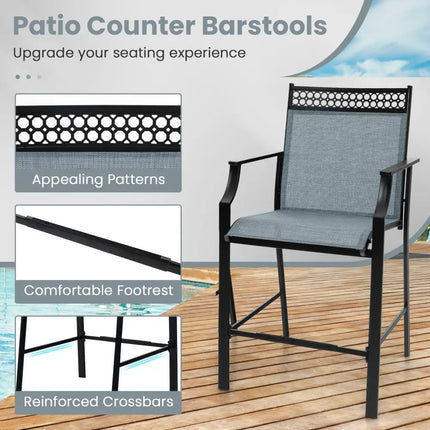 Outdoor Counter Stools Set of 2 Heavy-Duty Barstools with Footrest and Armrests-Blue - Blue - Patio Bar Furniture