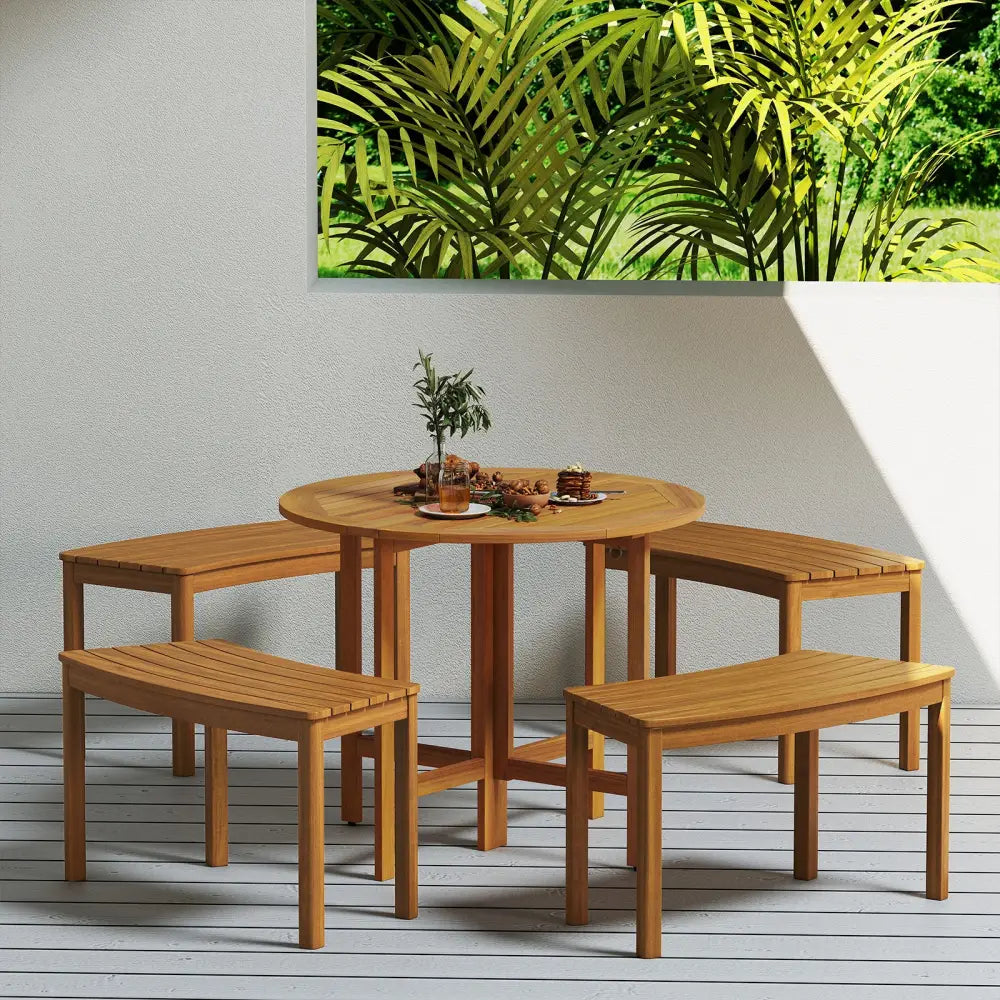 Outdoor Curved Acacia Wood Bench Set of 2/3/4 for Front Porch-4 - Natural - Outdoor Benches