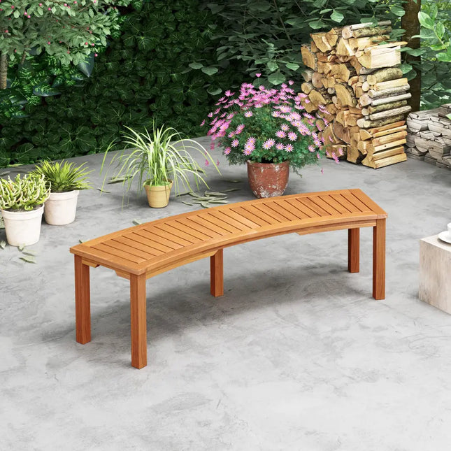 Outdoor Curved Acacia Wood Fire Pit Bench with Slatted Seat-1 Piece - Natural - Outdoor Benches