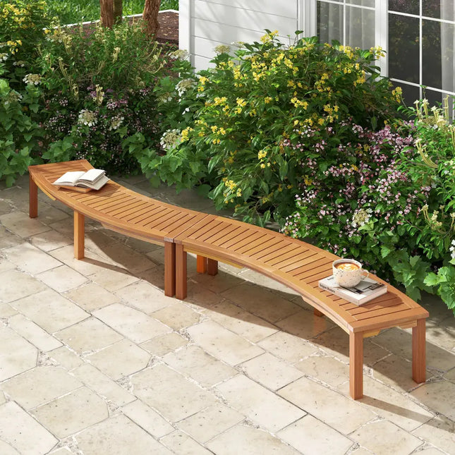 Outdoor Curved Acacia Wood Fire Pit Bench with Slatted Seat-Set of 2 - Natural - Outdoor Benches