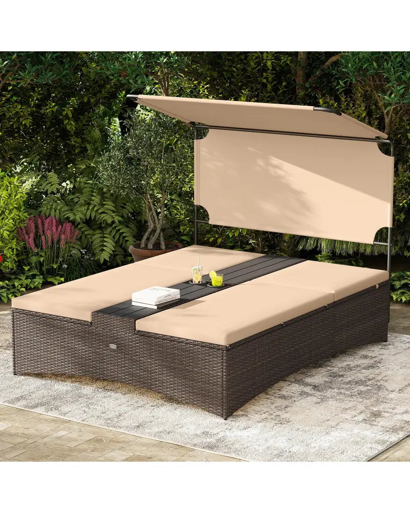 Outdoor Daybed with Adjustable Backrests 2-Person PE Rattan Patio Bed-Brown - Brown - Outdoor Chaise Lounges