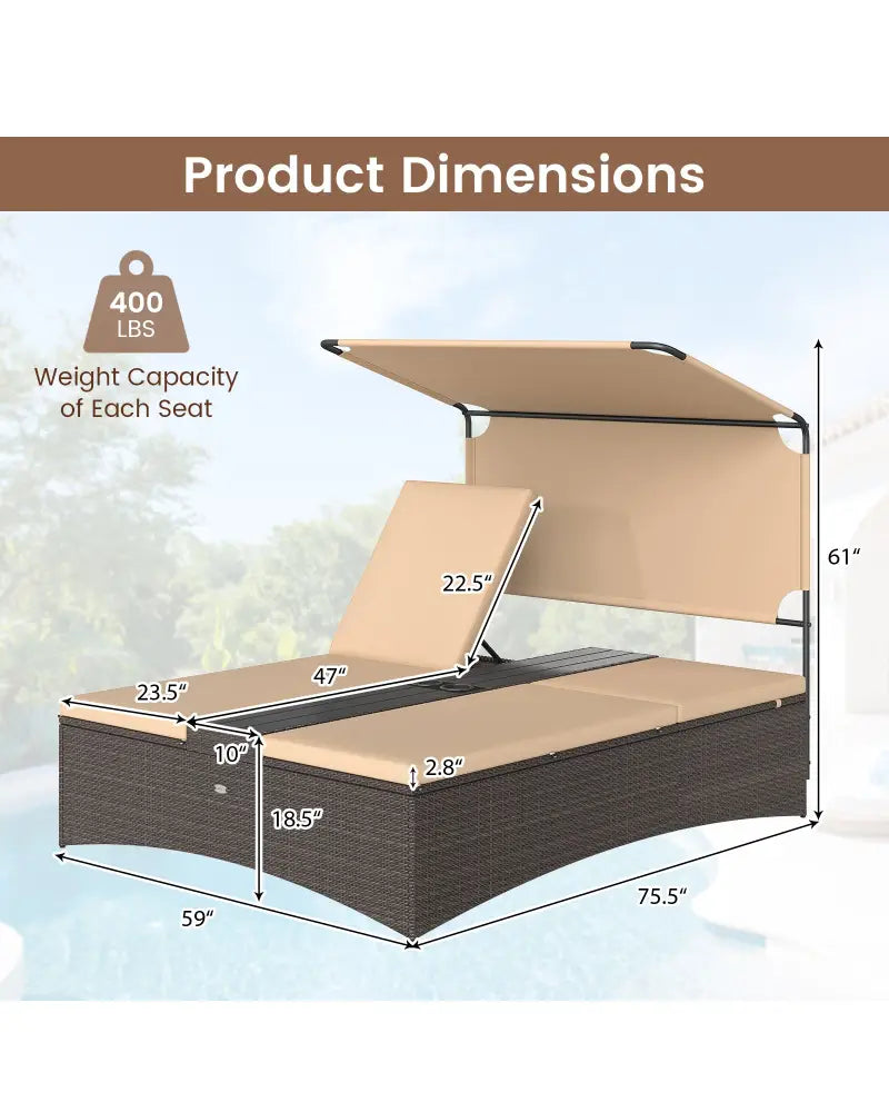Outdoor Daybed with Adjustable Backrests 2-Person PE Rattan Patio Bed-Brown - Brown - Outdoor Chaise Lounges