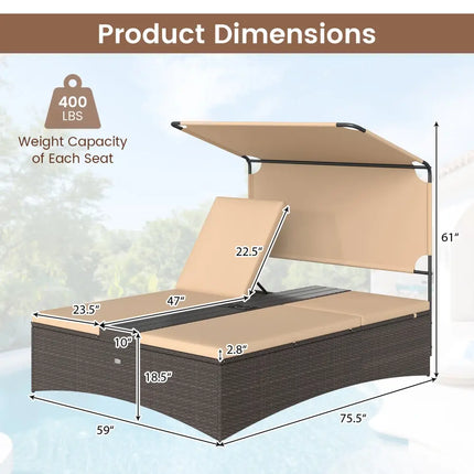 Outdoor Daybed with Adjustable Backrests 2-Person PE Rattan Patio Bed-Brown - Brown - Outdoor Chaise Lounges