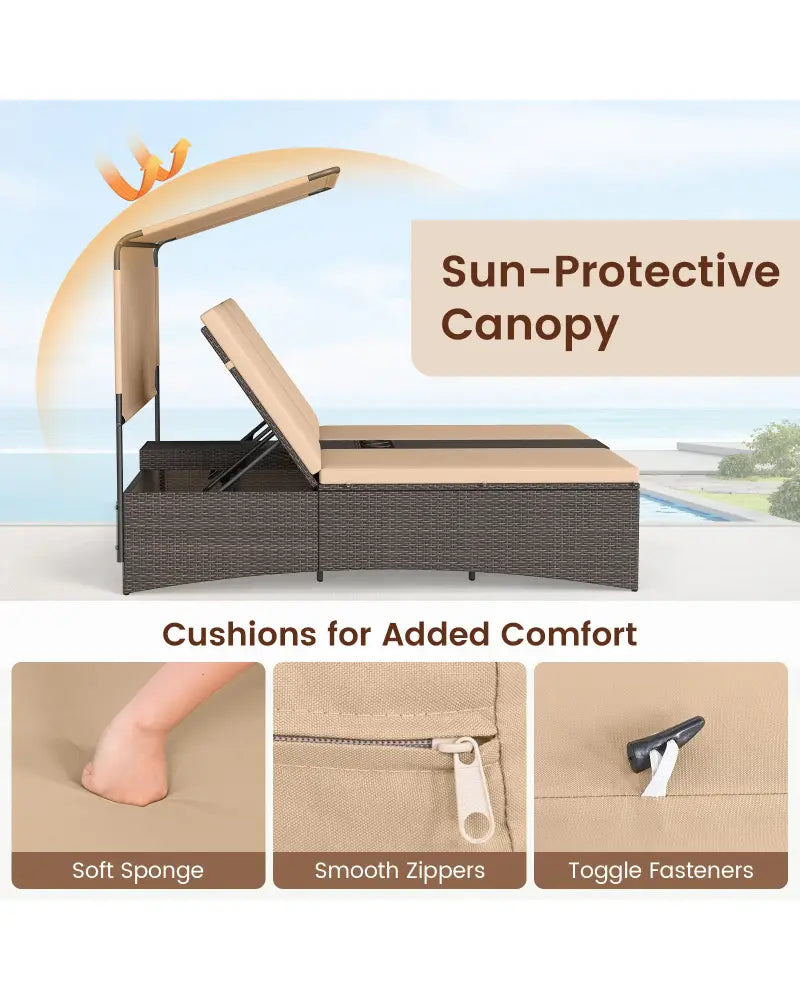 Outdoor Daybed with Adjustable Backrests 2-Person PE Rattan Patio Bed-Brown - Brown - Outdoor Chaise Lounges
