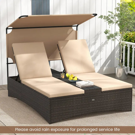 Outdoor Daybed with Adjustable Backrests 2-Person PE Rattan Patio Bed-Brown - Brown - Outdoor Chaise Lounges
