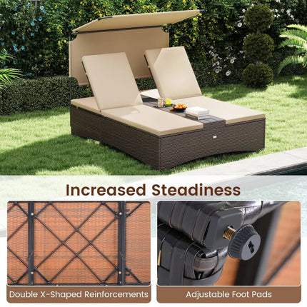 Outdoor Daybed with Adjustable Backrests 2-Person PE Rattan Patio Bed-Brown - Brown - Outdoor Chaise Lounges