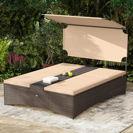 Outdoor Daybed with Adjustable Backrests 2-Person PE Rattan Patio Bed-Brown - Brown - Outdoor Chaise Lounges