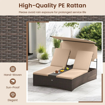 Outdoor Daybed with Adjustable Backrests 2-Person PE Rattan Patio Bed-Brown - Brown - Outdoor Chaise Lounges