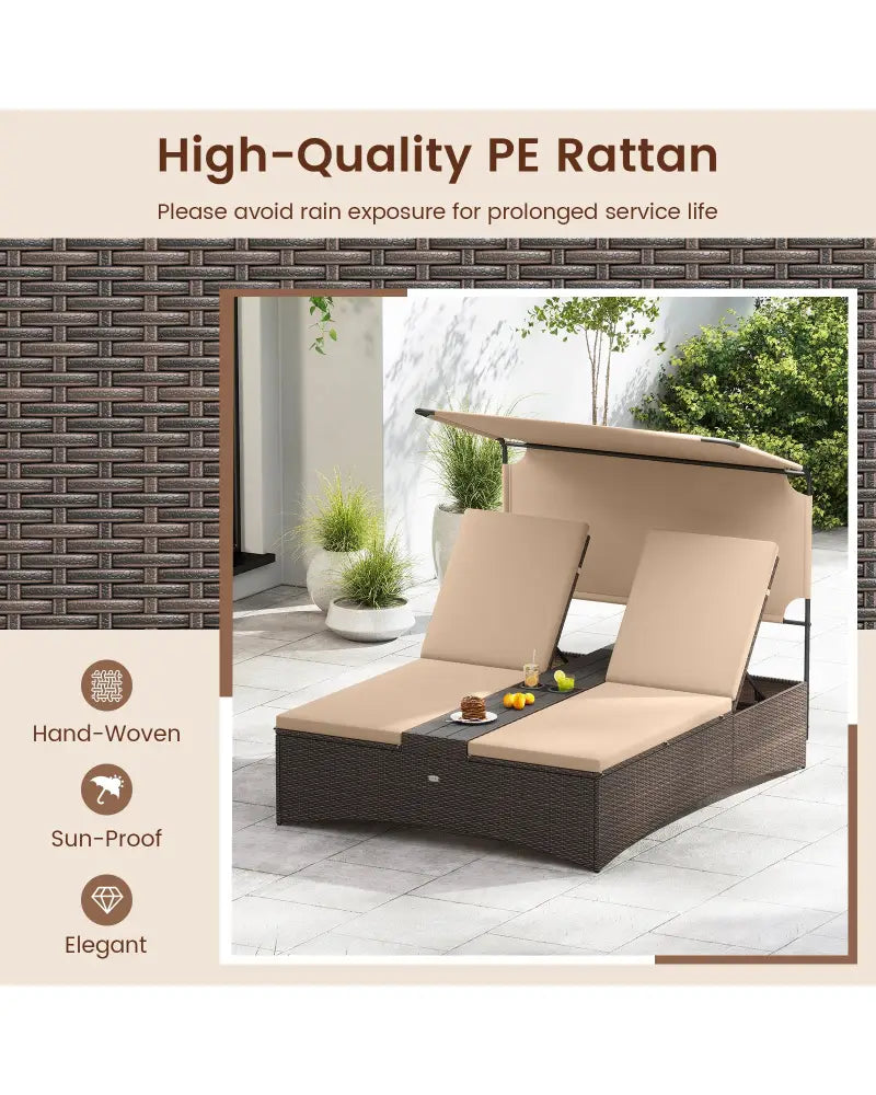 Outdoor Daybed with Adjustable Backrests 2-Person PE Rattan Patio Bed-Brown - Brown - Outdoor Chaise Lounges