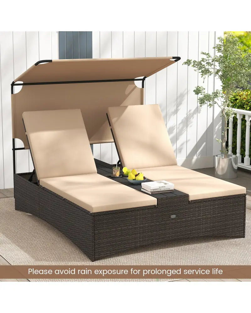 Outdoor Daybed with Adjustable Backrests 2-Person PE Rattan Patio Bed-Brown - Brown - Outdoor Chaise Lounges