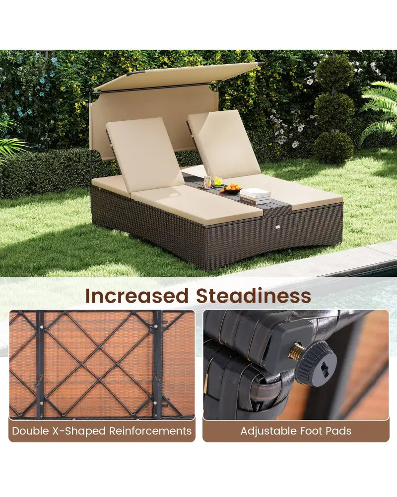 Outdoor Daybed with Adjustable Backrests 2-Person PE Rattan Patio Bed-Brown - Brown - Outdoor Chaise Lounges