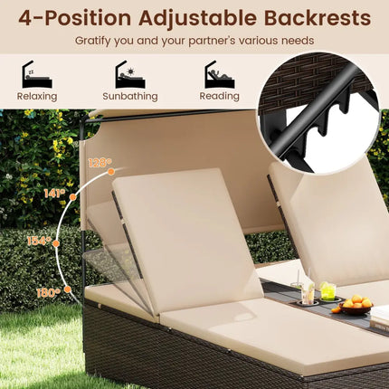 Outdoor Daybed with Adjustable Backrests 2-Person PE Rattan Patio Bed-Brown - Brown - Outdoor Chaise Lounges