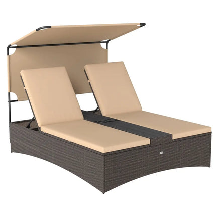 Outdoor Daybed with Adjustable Backrests 2-Person PE Rattan Patio Bed-Brown - Brown - Outdoor Chaise Lounges