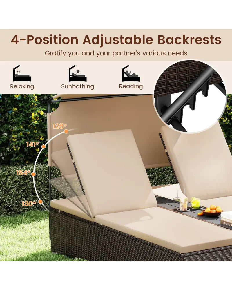Outdoor Daybed with Adjustable Backrests 2-Person PE Rattan Patio Bed-Brown - Brown - Outdoor Chaise Lounges