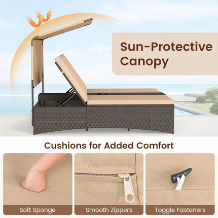 Outdoor Daybed with Adjustable Backrests 2-Person PE Rattan Patio Bed-Brown - Brown - Outdoor Chaise Lounges