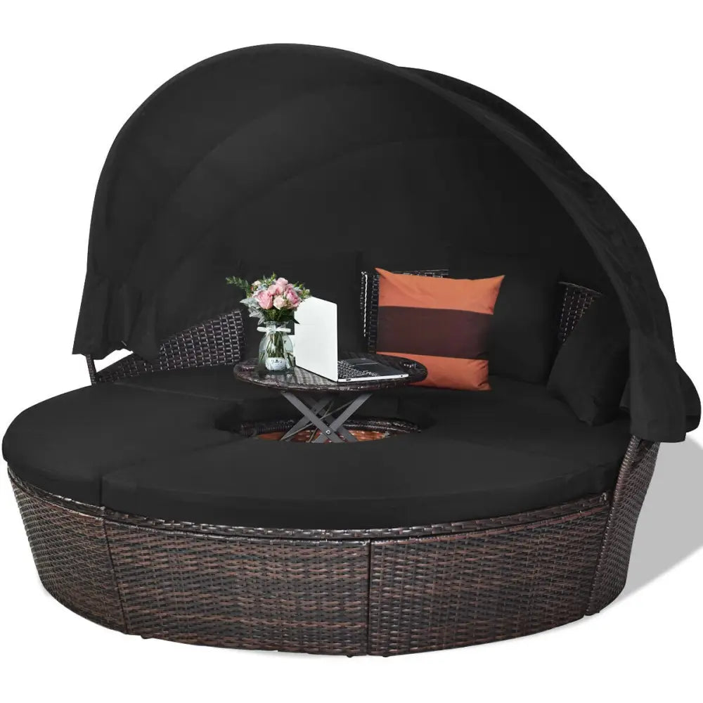 Outdoor Daybed with Retractable Canopy-Black - Black - Patio Furniture Sets