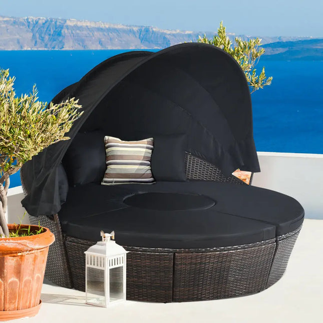 Outdoor Daybed with Retractable Canopy-Black - Black - Patio Furniture Sets