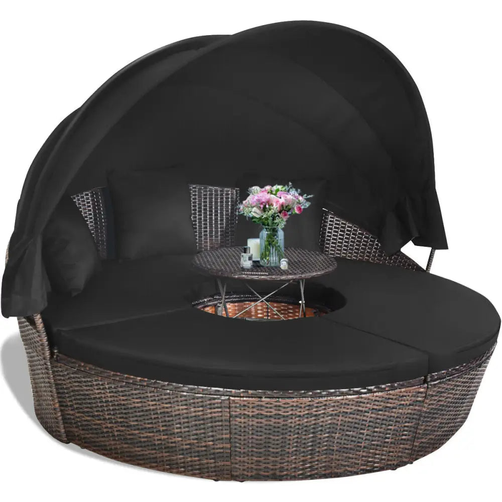 Outdoor Daybed with Retractable Canopy-Black - Black - Patio Furniture Sets