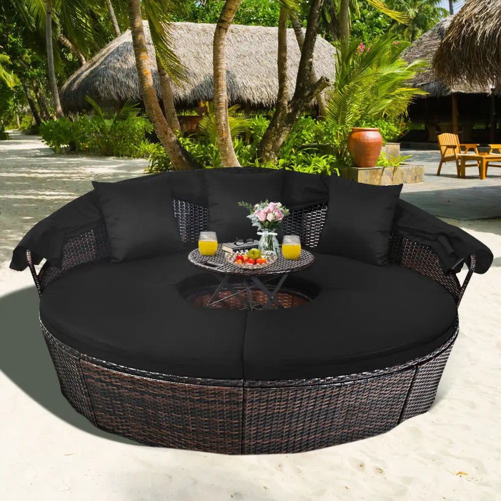 Outdoor Daybed with Retractable Canopy-Black - Black - Patio Furniture Sets