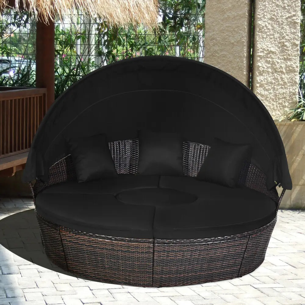 Outdoor Daybed with Retractable Canopy-Black - Black - Patio Furniture Sets