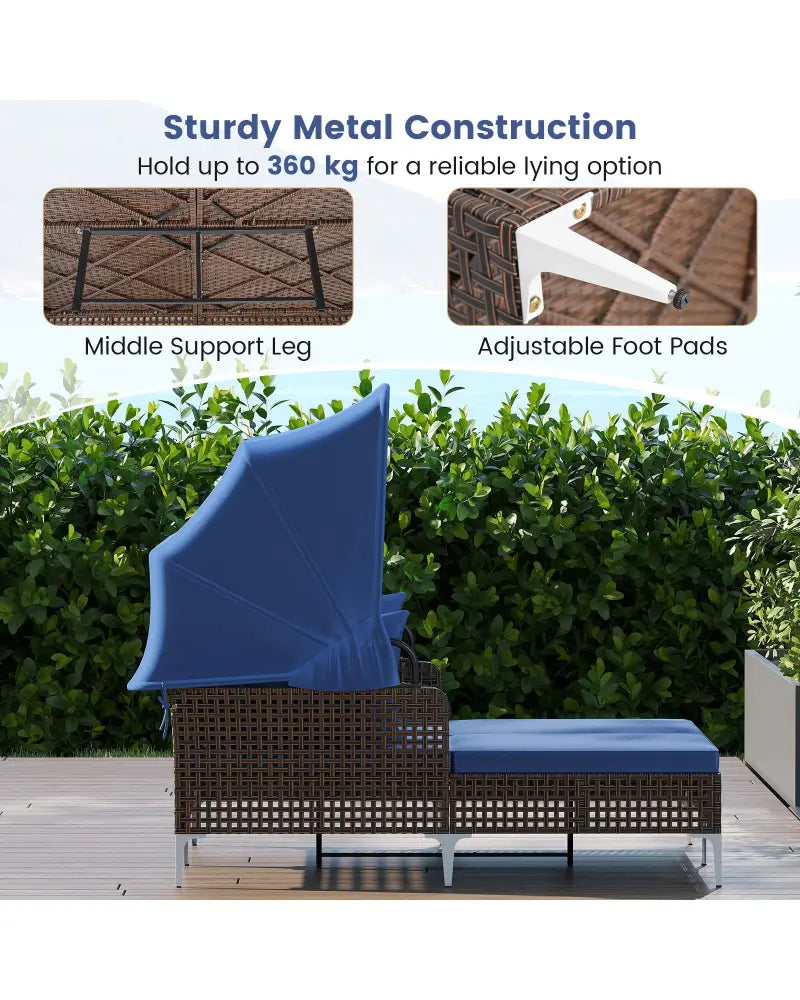 Outdoor Daybed with Retractable Canopy PE Wicker Rattan Patio Lounger-Navy - Navy - Outdoor Chaise Lounges