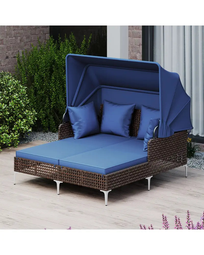 Outdoor Daybed with Retractable Canopy PE Wicker Rattan Patio Lounger-Navy - Navy - Outdoor Chaise Lounges