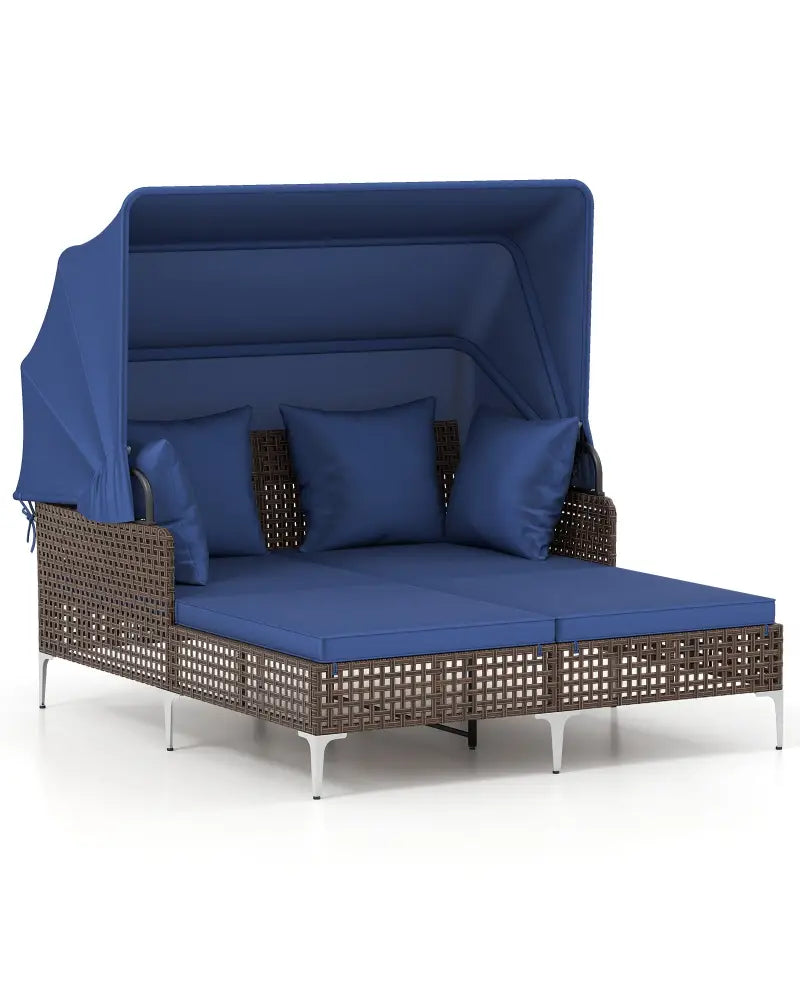 Outdoor Daybed with Retractable Canopy PE Wicker Rattan Patio Lounger-Navy - Navy - Outdoor Chaise Lounges