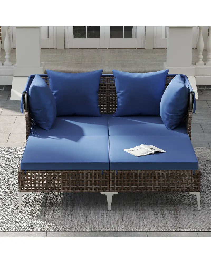 Outdoor Daybed with Retractable Canopy PE Wicker Rattan Patio Lounger-Navy - Navy - Outdoor Chaise Lounges