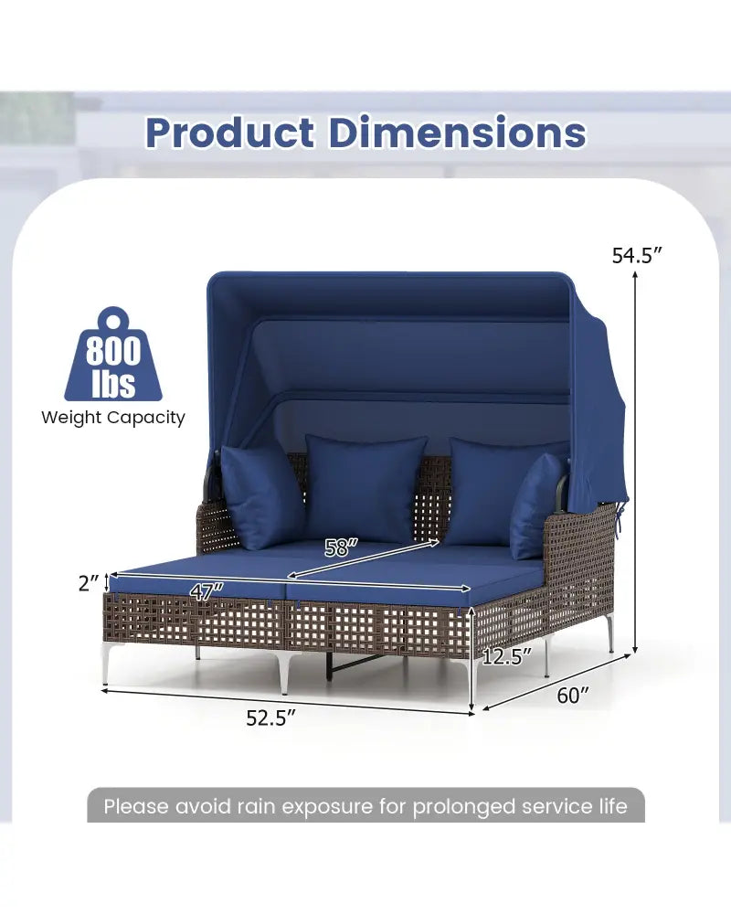 Outdoor Daybed with Retractable Canopy PE Wicker Rattan Patio Lounger-Navy - Navy - Outdoor Chaise Lounges