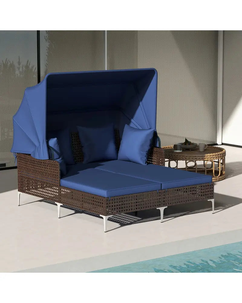 Outdoor Daybed with Retractable Canopy PE Wicker Rattan Patio Lounger-Navy - Navy - Outdoor Chaise Lounges
