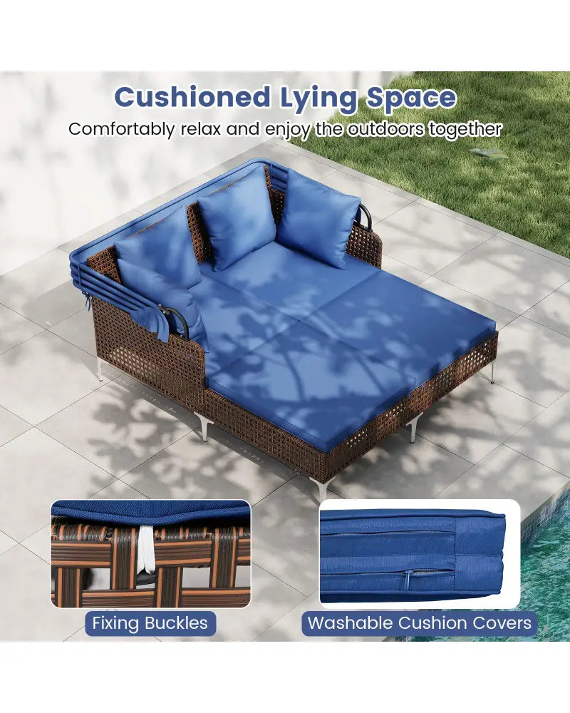 Outdoor Daybed with Retractable Canopy PE Wicker Rattan Patio Lounger-Navy - Navy - Outdoor Chaise Lounges