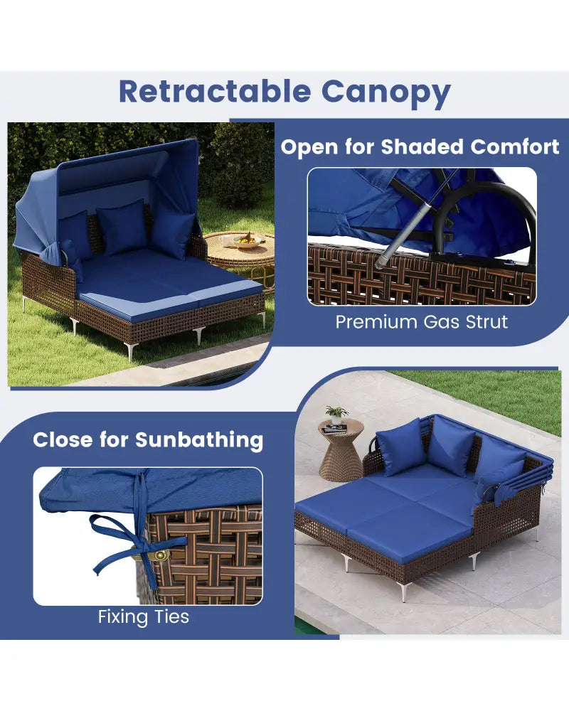 Outdoor Daybed with Retractable Canopy PE Wicker Rattan Patio Lounger-Navy - Navy - Outdoor Chaise Lounges