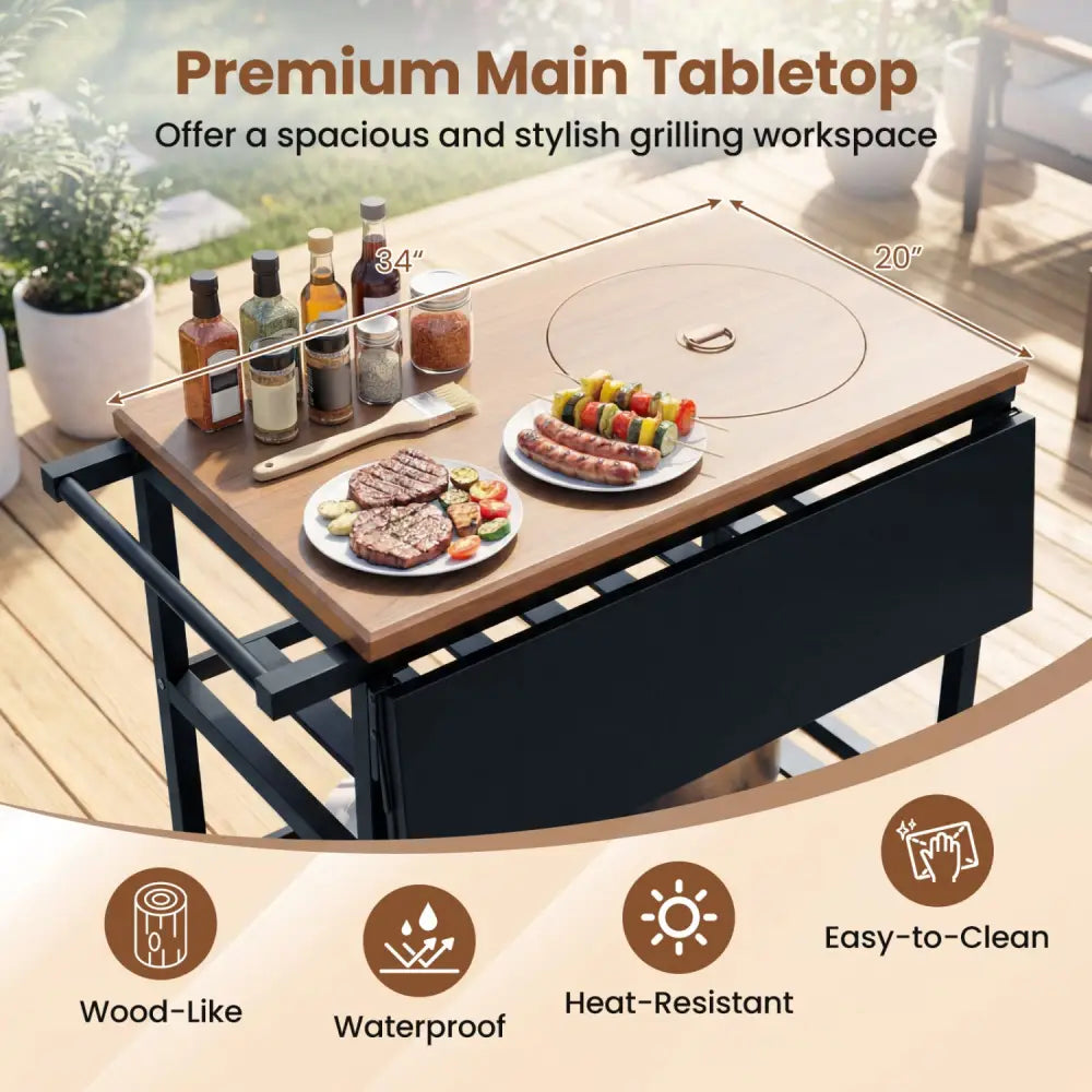 Outdoor Dining Cart with BBQ Grill and Folding Side Panel - Outdoor Grills