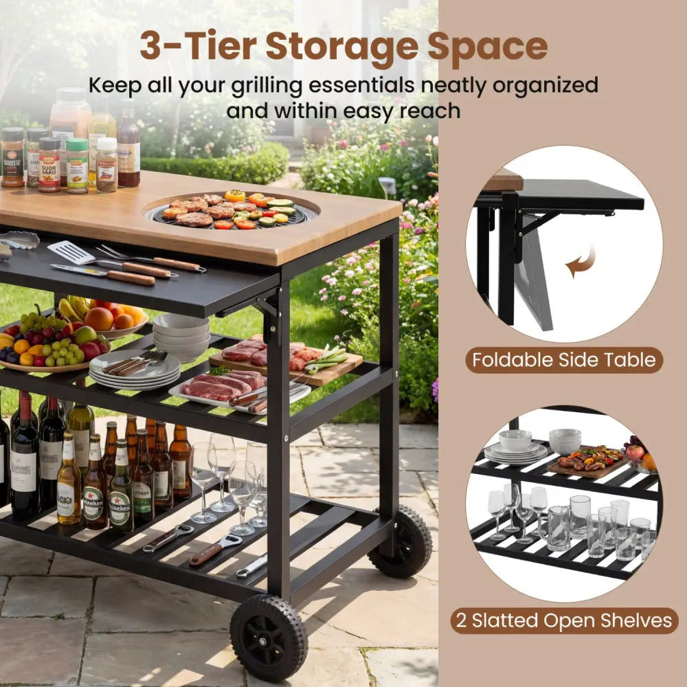 Outdoor Dining Cart with BBQ Grill and Folding Side Panel - Outdoor Grills