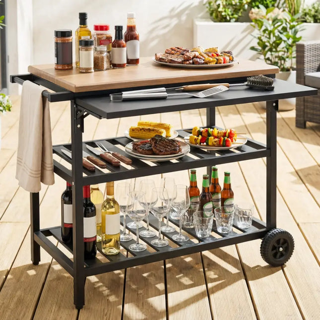 Outdoor Dining Cart with BBQ Grill and Folding Side Panel - Outdoor Grills
