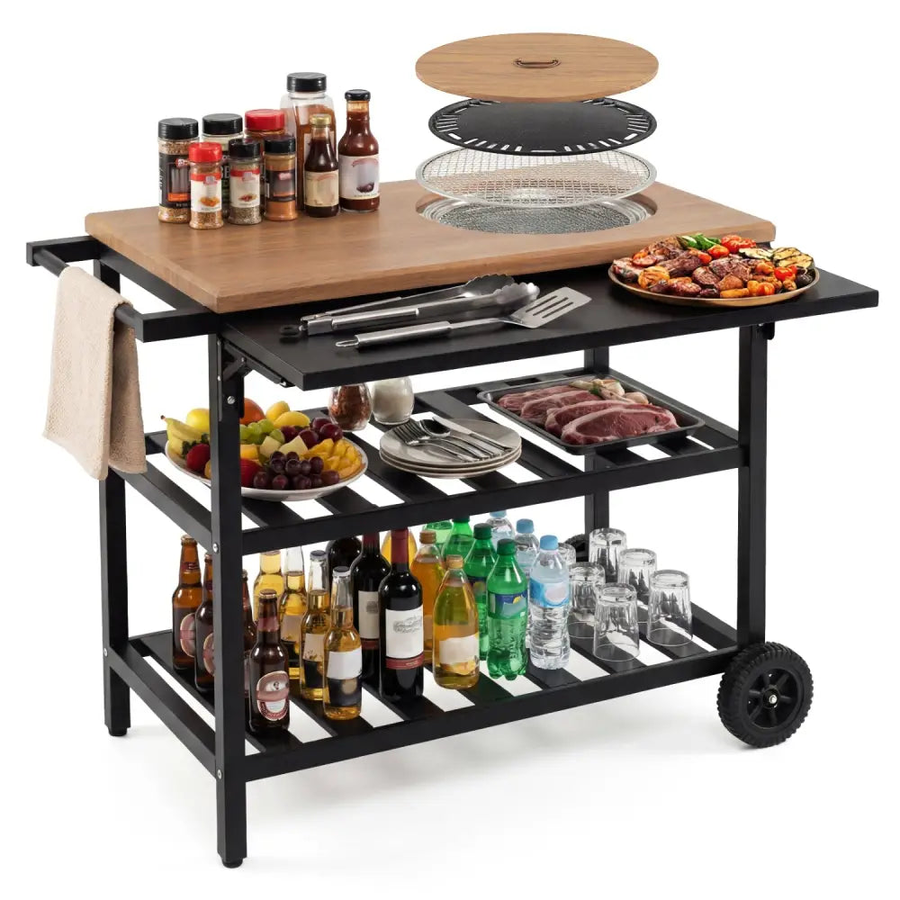 Outdoor Dining Cart with BBQ Grill and Folding Side Panel - Outdoor Grills