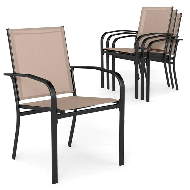Outdoor Dining Chairs Set of 4 with High Back and Metal Frame-Light Brown - Coffee - Patio Dining Chairs