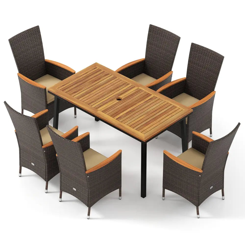 Outdoor Dining Set for 6 Patio Wicker Armchairs and Acacia Wood Table - Patio Dining Sets