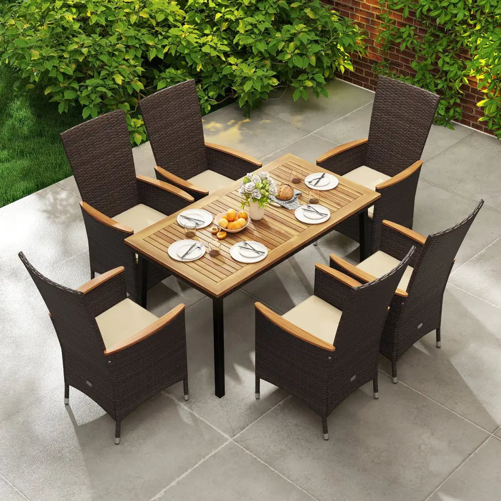 Outdoor Dining Set for 6 Patio Wicker Armchairs and Acacia Wood Table - Patio Dining Sets