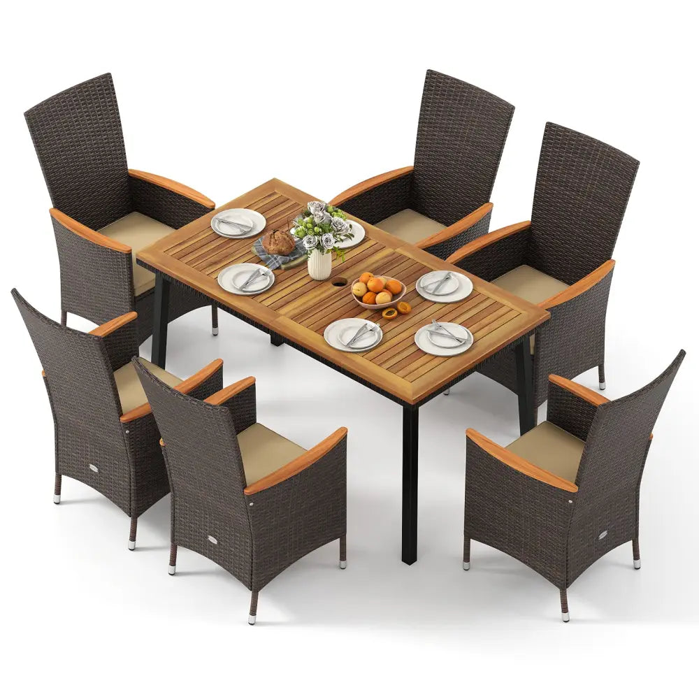 Outdoor Dining Set for 6 Patio Wicker Armchairs and Acacia Wood Table - Patio Dining Sets