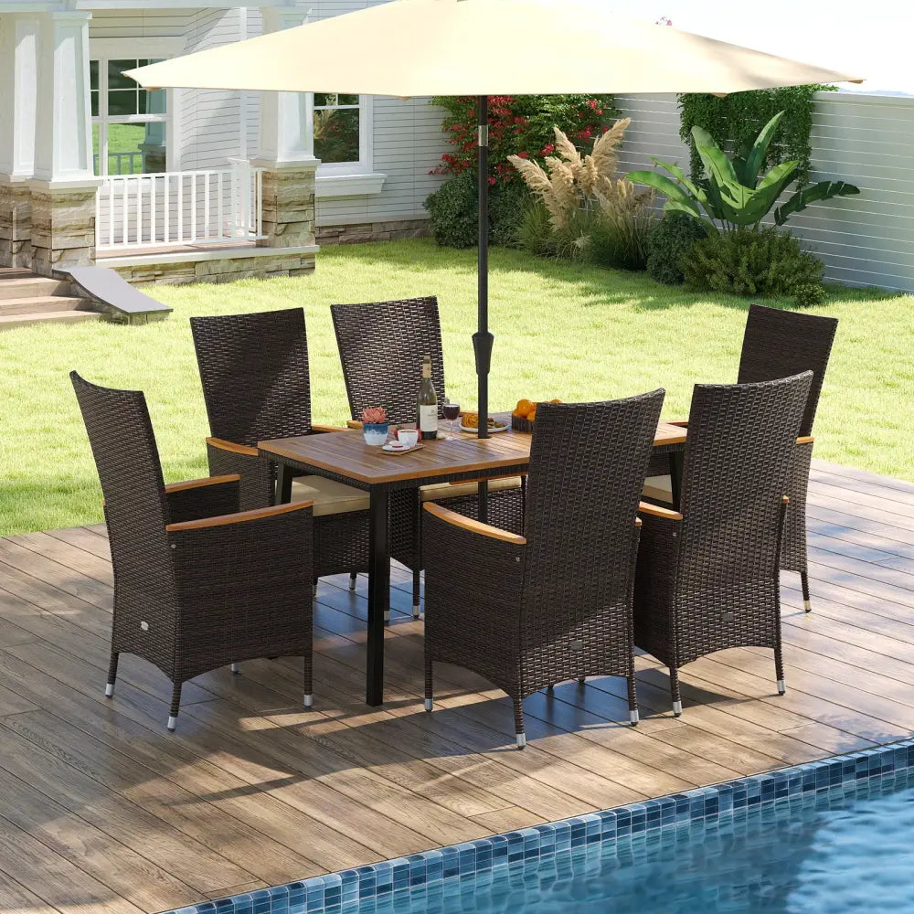 Outdoor Dining Set for 6 Patio Wicker Armchairs and Acacia Wood Table - Patio Dining Sets
